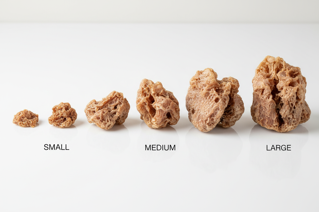 Pulmón de vacuno deshidratado, snack ligero y muy sabroso para todo tipo de perros. Comida para perros. Generame una imagen simulando un muestrario de diversos tamaños. 